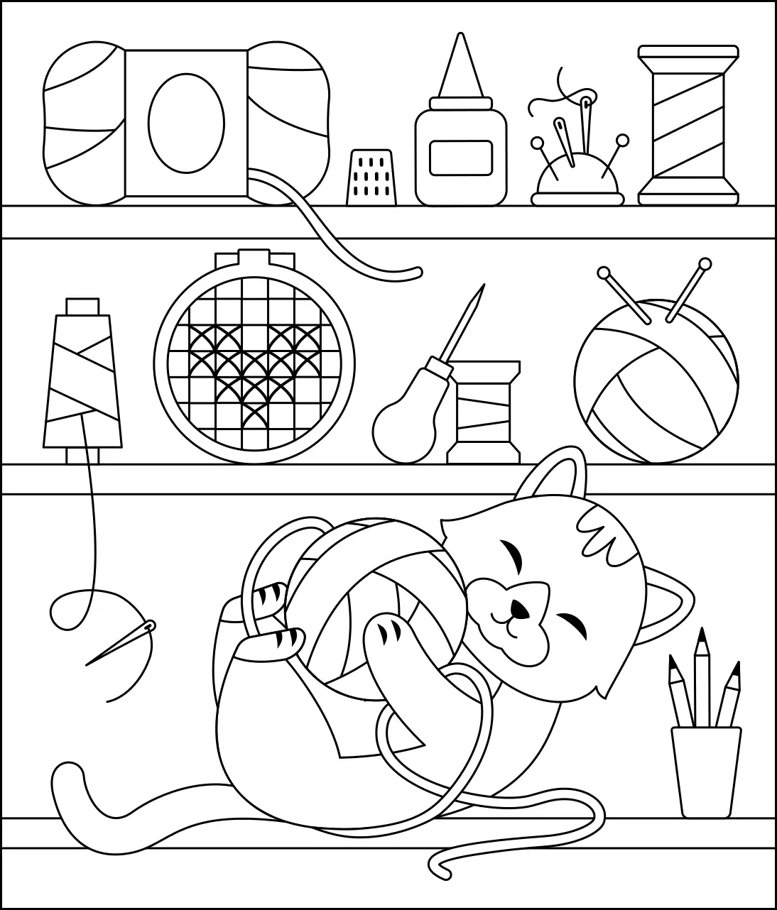 Раскраска котёнок играет с клубком у полки с рукоделием