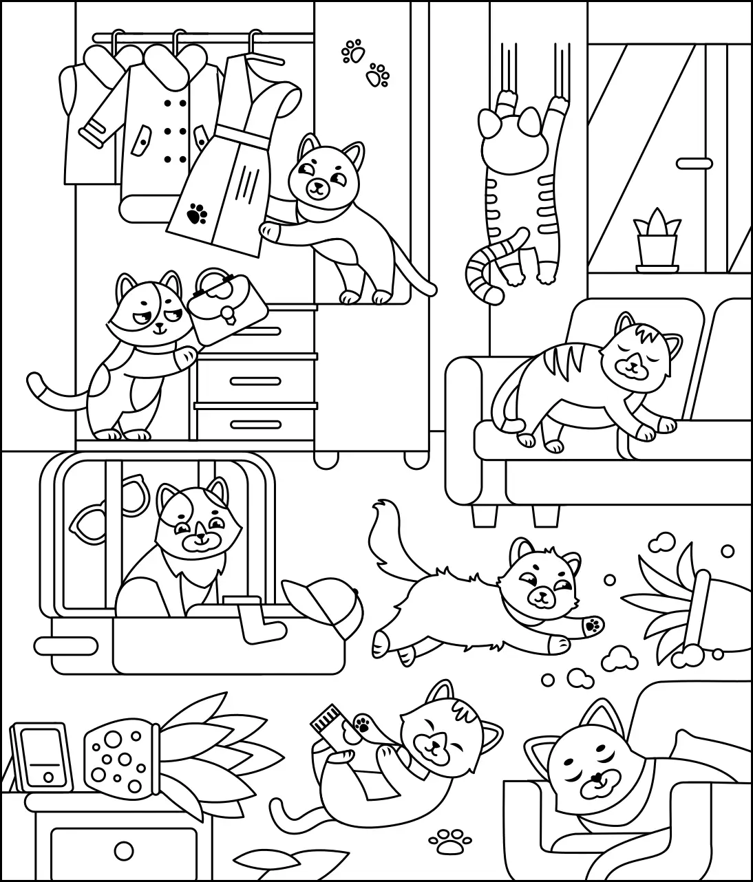 Раскраска коты шалят в комнате