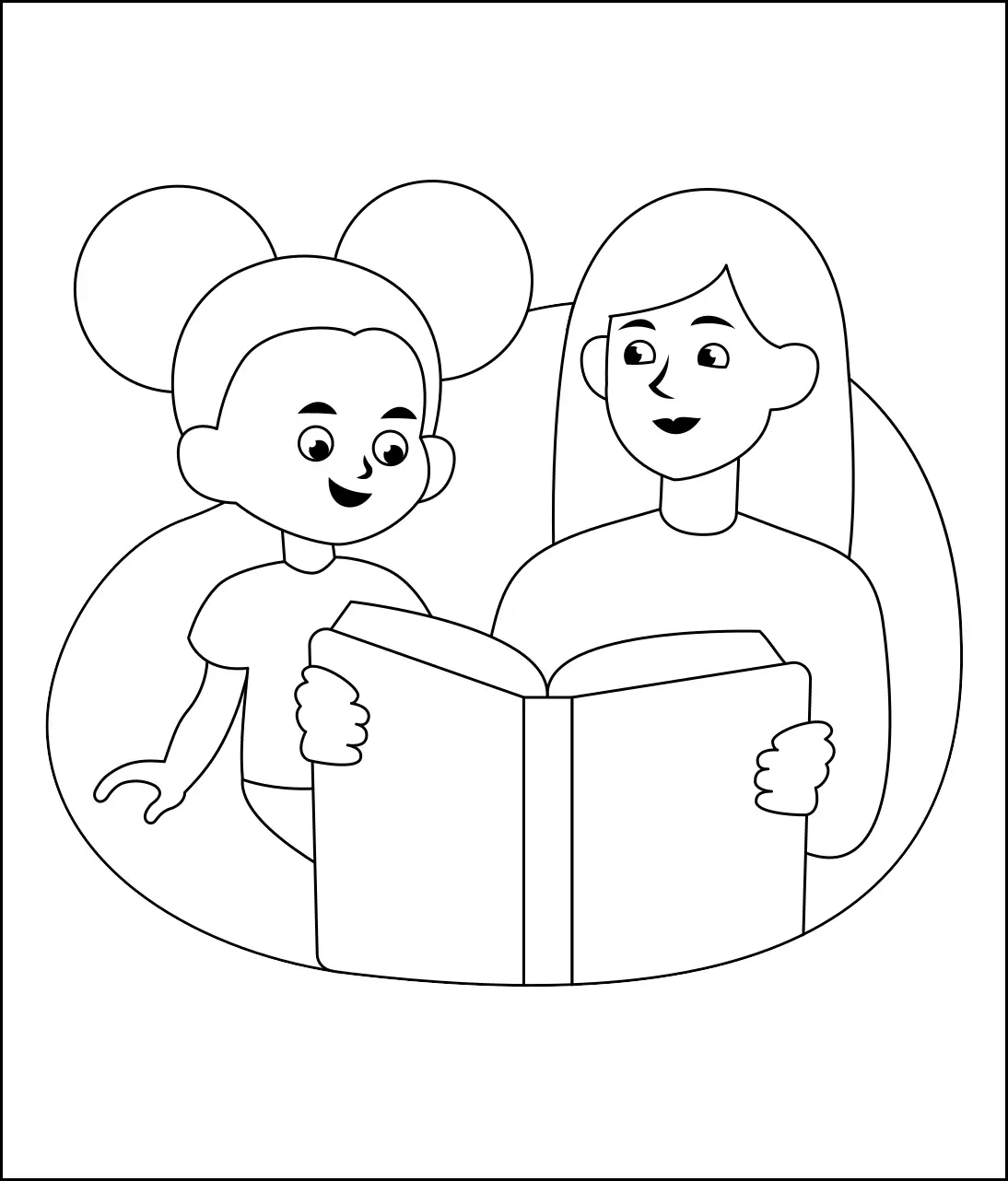 Раскраска мама и дочка читают книгу