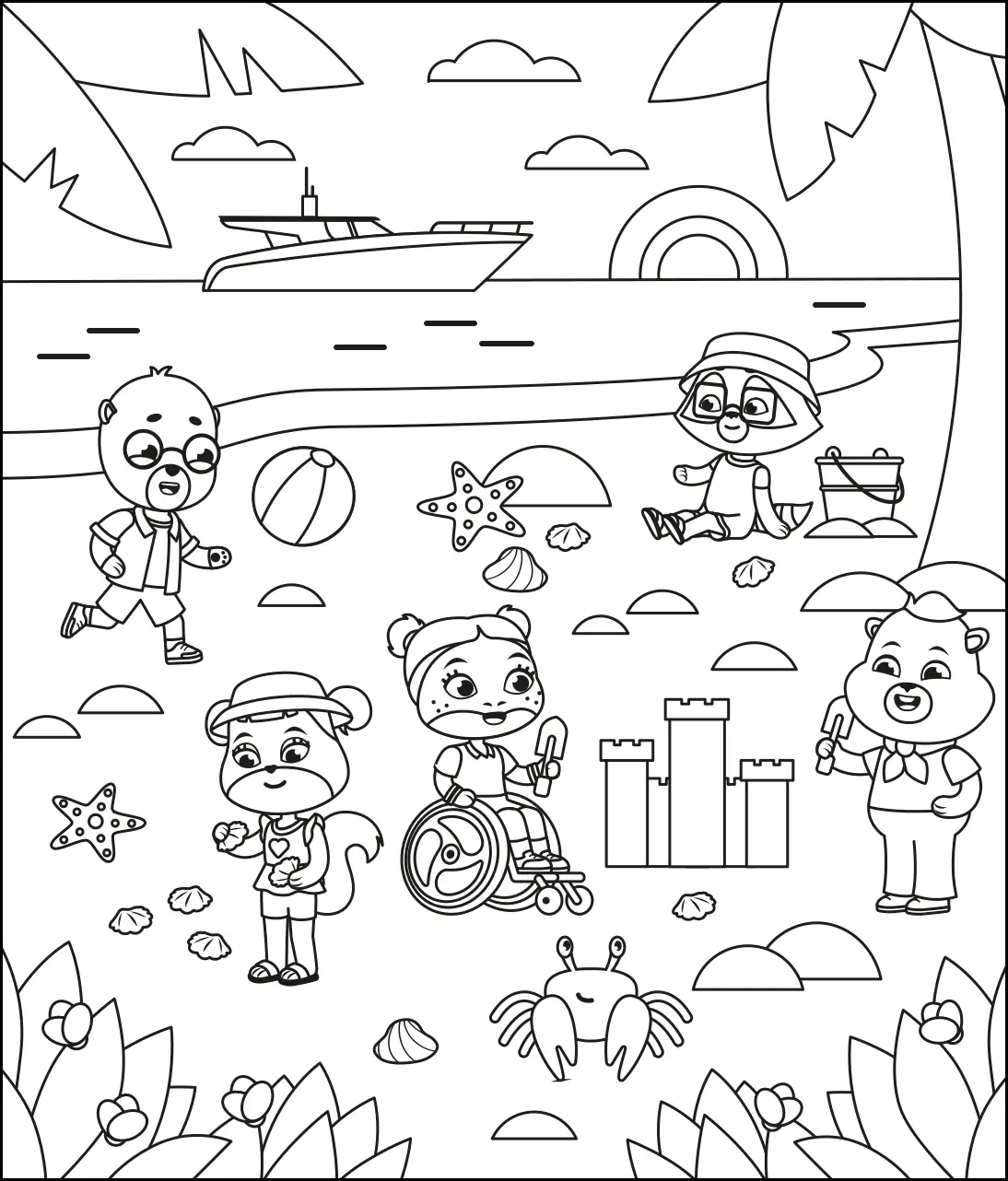 Раскраска зверята отдыхают у моря
