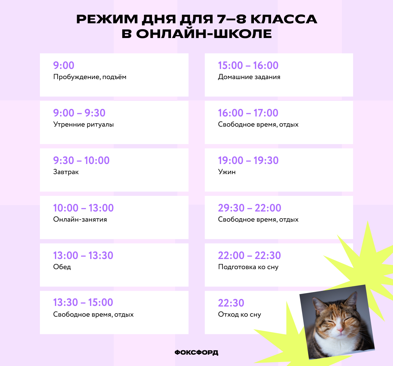 Режим дня школьника 7–8 класса на онлайн-обучении