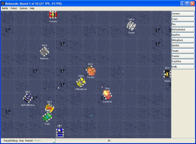 Window of Robocode Running a Battle
